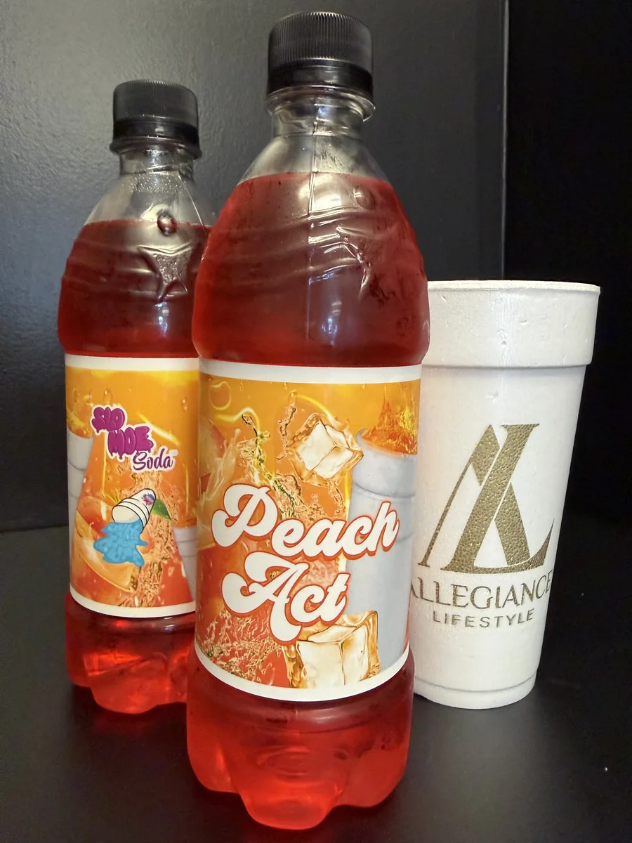 Peach ACT soda bottle by Slo Moe Soda