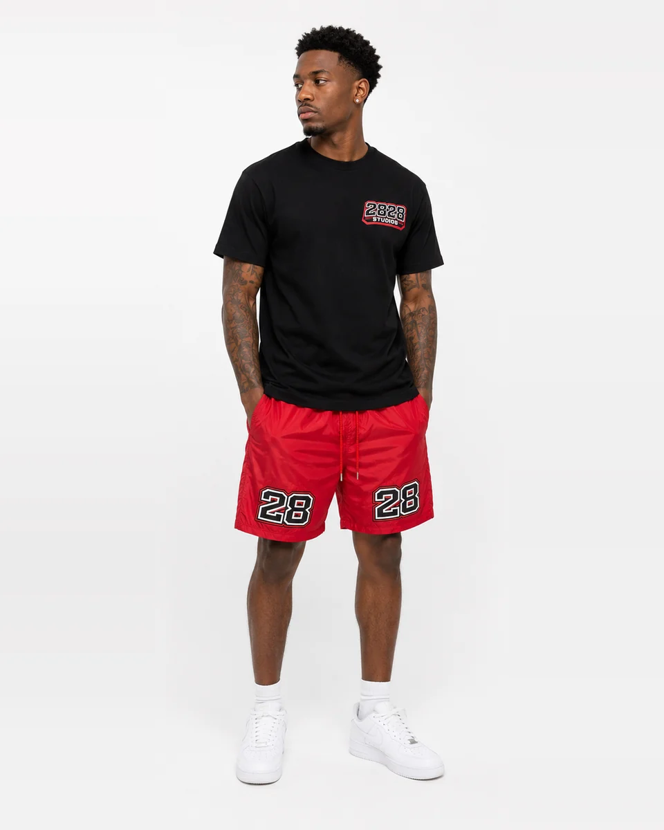 Black 28 T-shirt with red 28 shorts by Allegiance Lifestyle