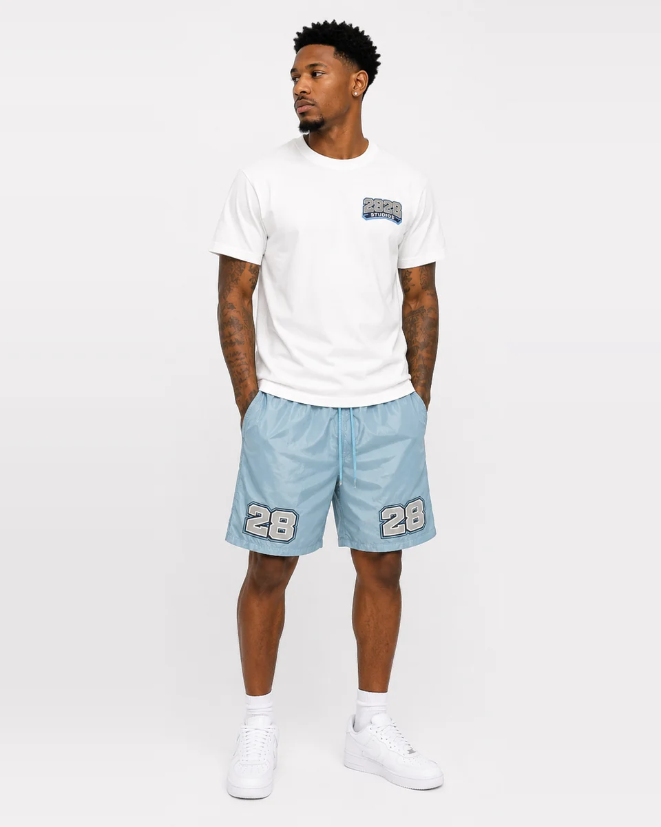 White 28 T-shirt with ice-blue 28 shorts by Allegiance Lifestyle