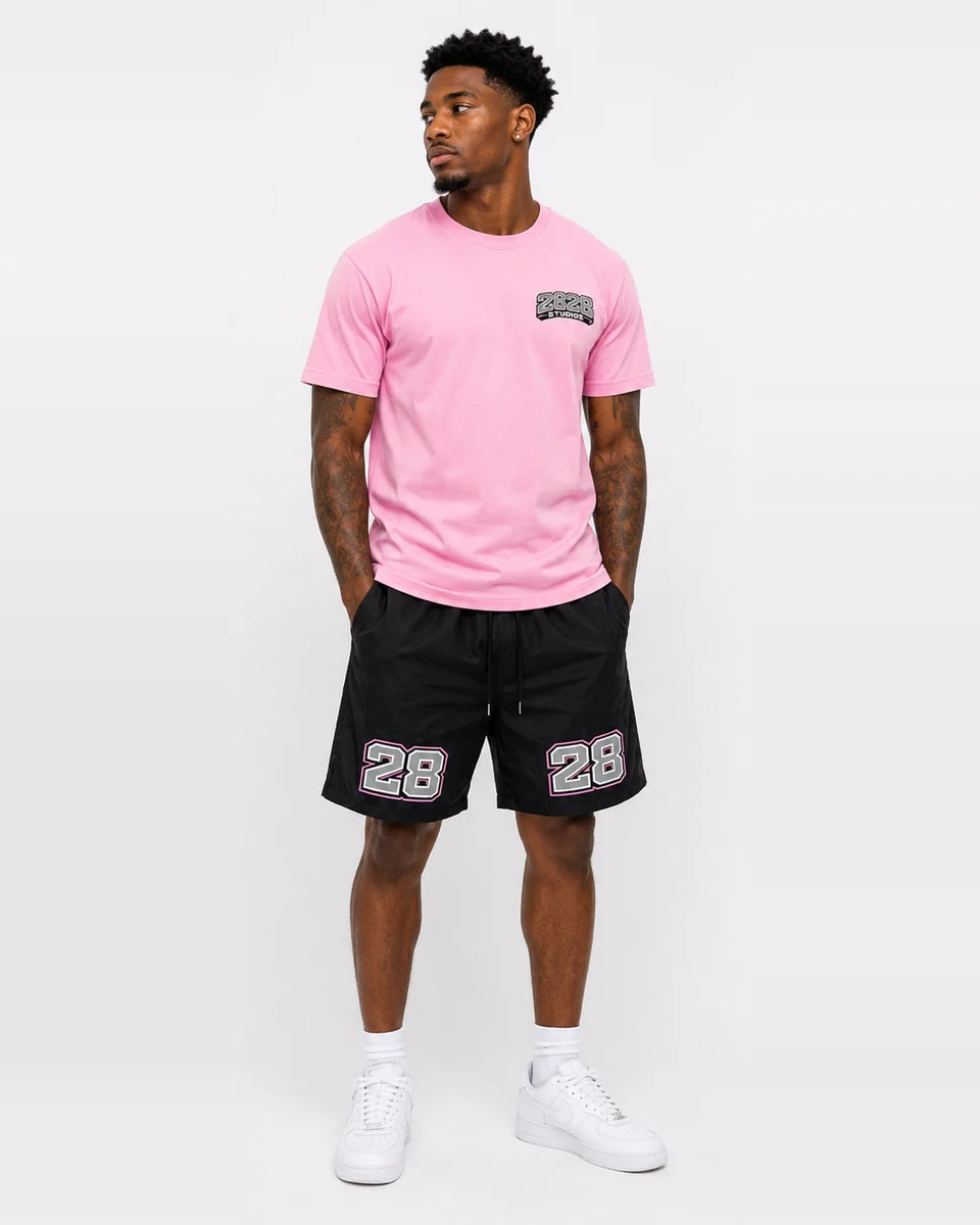Pink 28 T-shirt with black 28 shorts by Allegiance Lifestyle