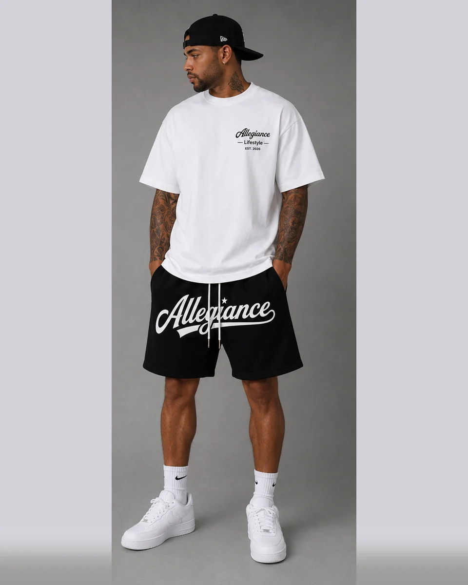 White Allegiance Lifestyle T-shirt with black script shorts by Allegiance Lifestyle