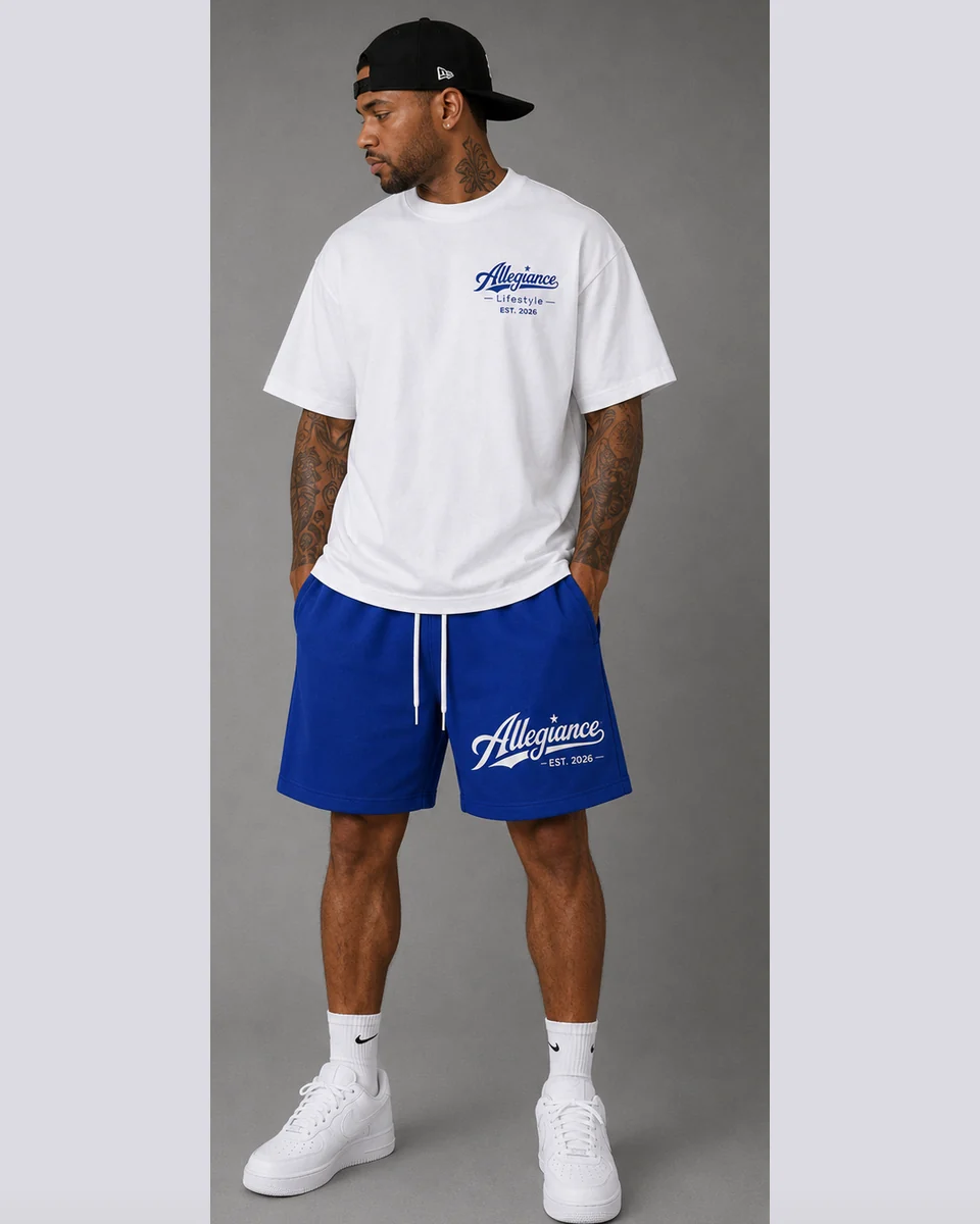 White Allegiance T-shirt with royal blue script shorts by Allegiance Lifestyle