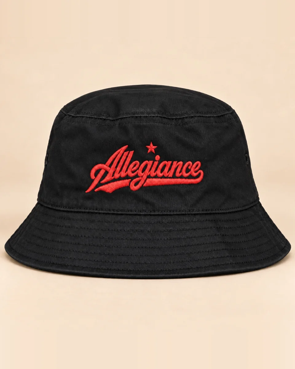 Black bucket hat with red Allegiance script embroidery by Allegiance Lifestyle