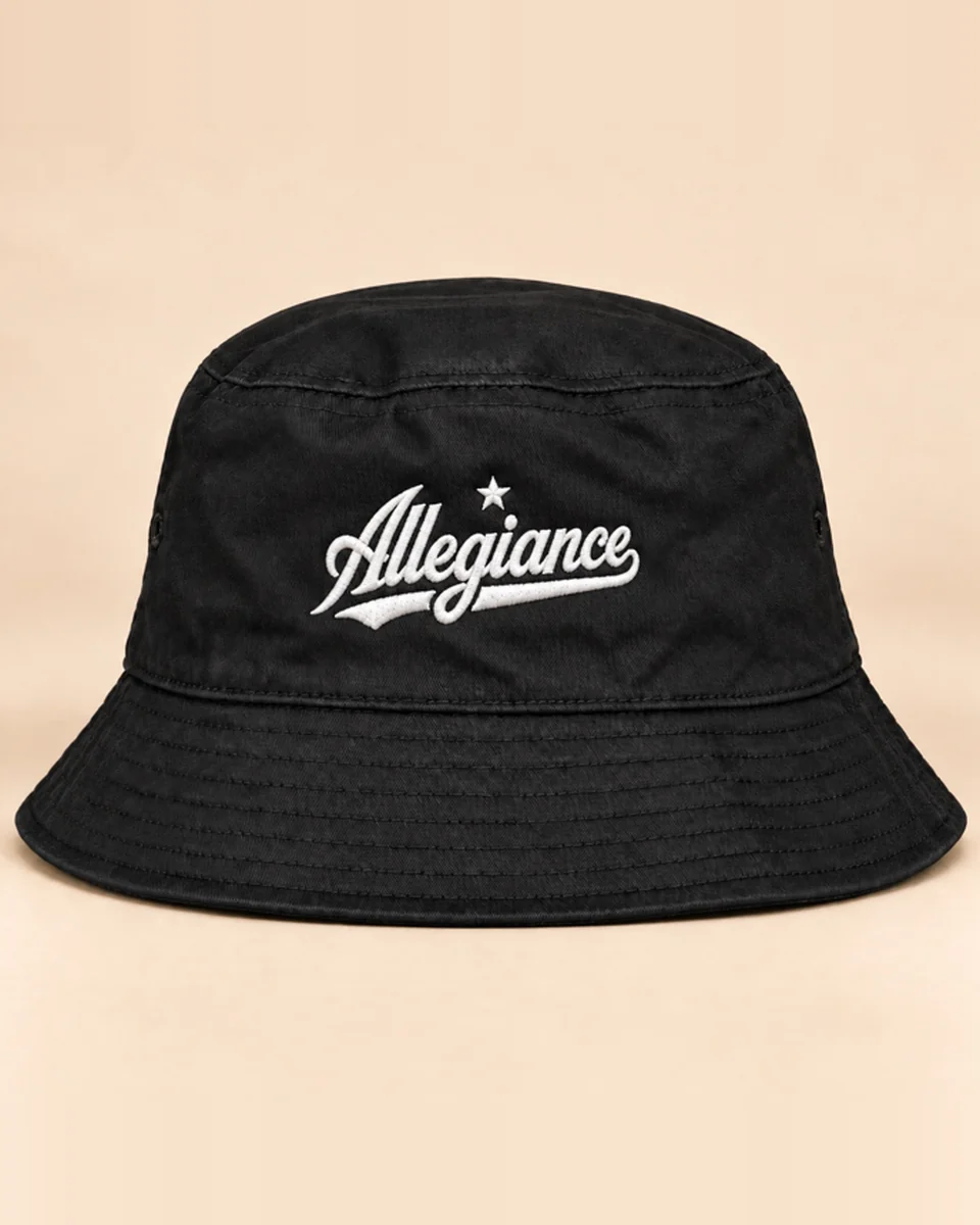 Black bucket hat with white Allegiance script embroidery by Allegiance Lifestyle