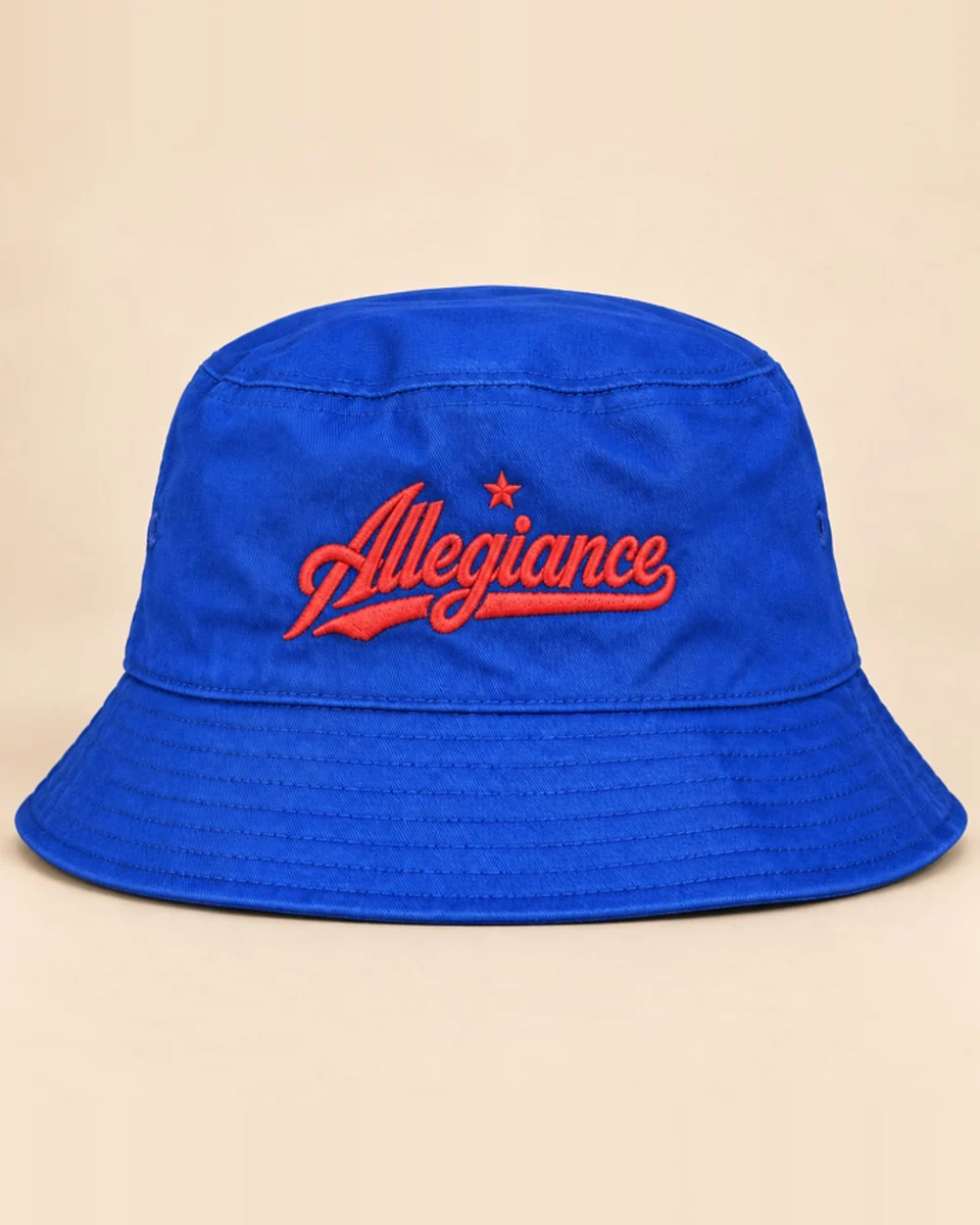 Royal blue bucket hat with red Allegiance script embroidery by Allegiance Lifestyle