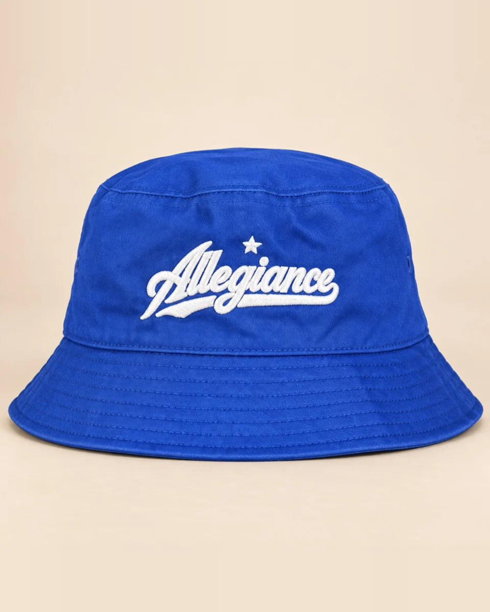 Royal blue bucket hat with white Allegiance script embroidery by Allegiance Lifestyle