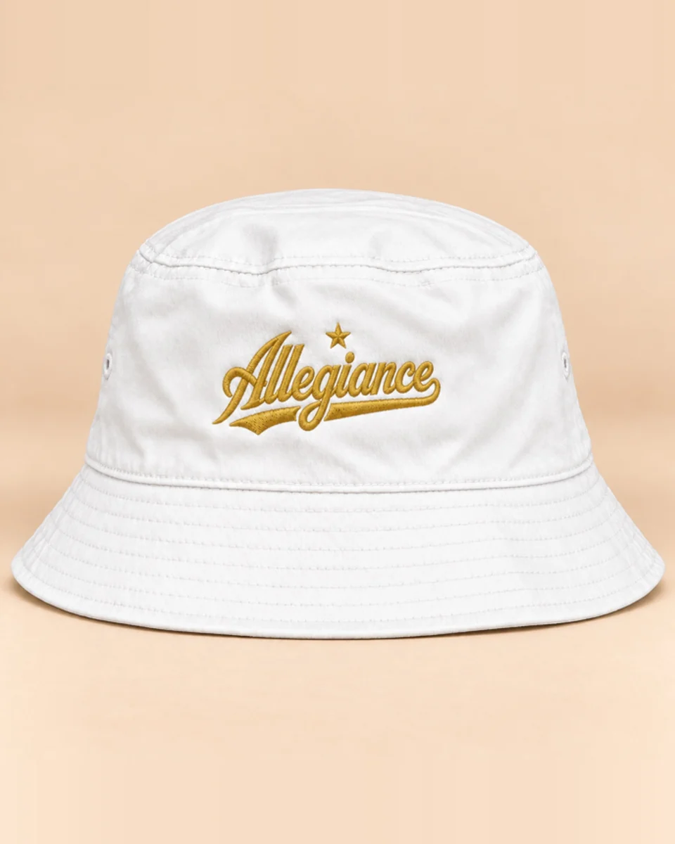 White bucket hat with gold Allegiance script embroidery by Allegiance Lifestyle