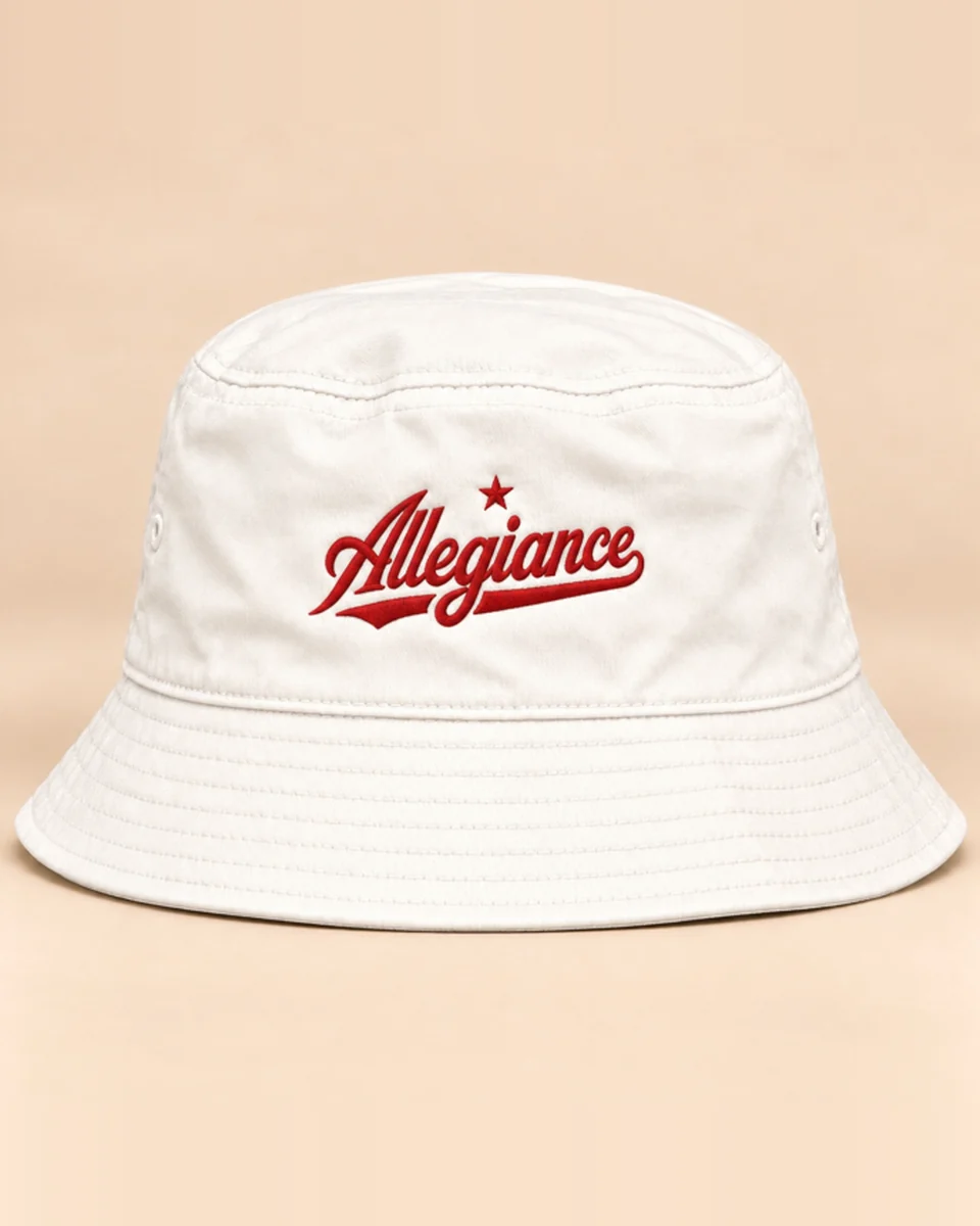 White bucket hat with red Allegiance script embroidery by Allegiance Lifestyle