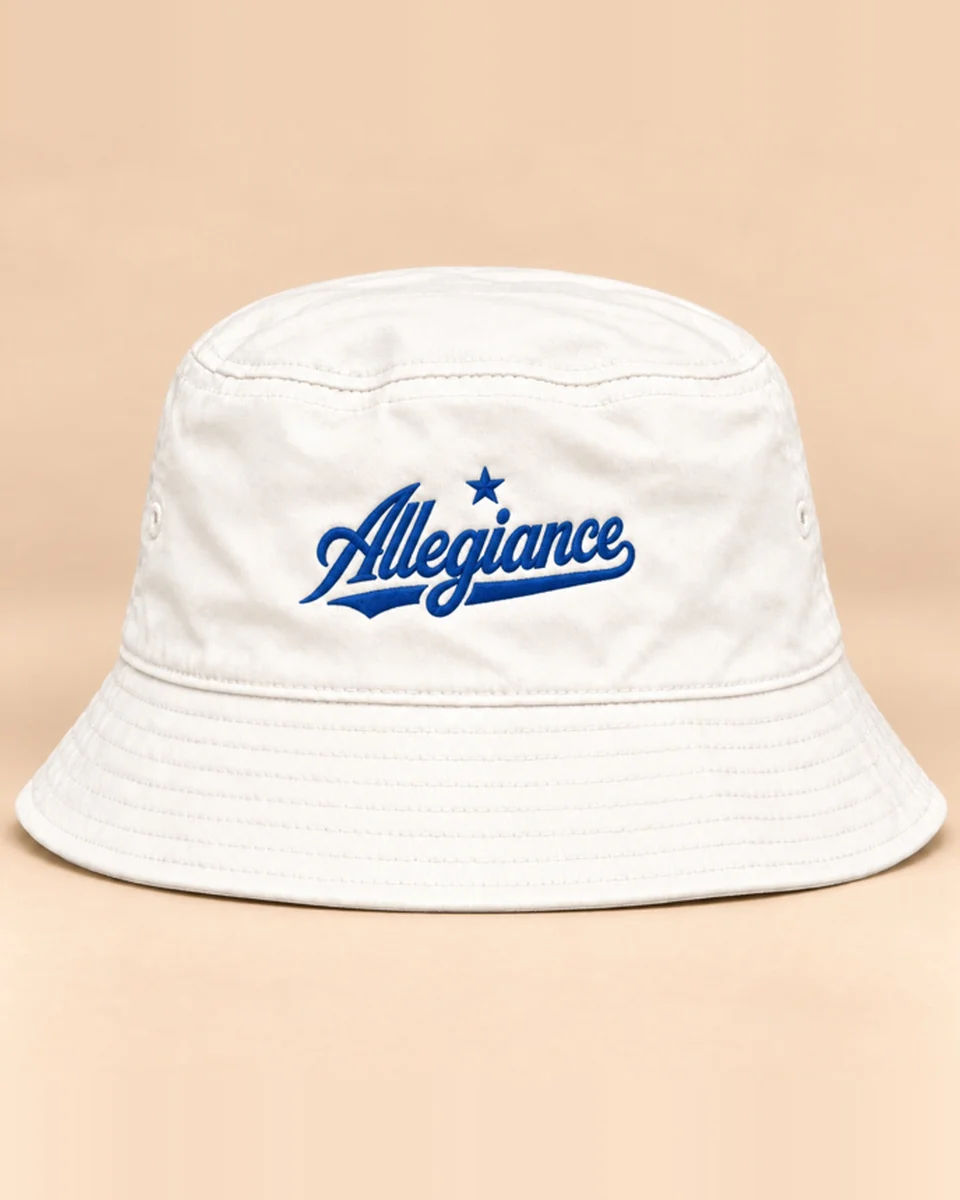White bucket hat with royal blue Allegiance script embroidery by Allegiance Lifestyle