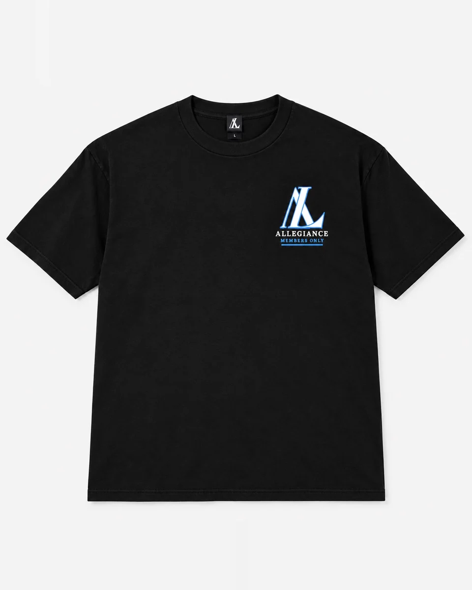 Black T-shirt with blue Character Expected back print by Allegiance Lifestyle