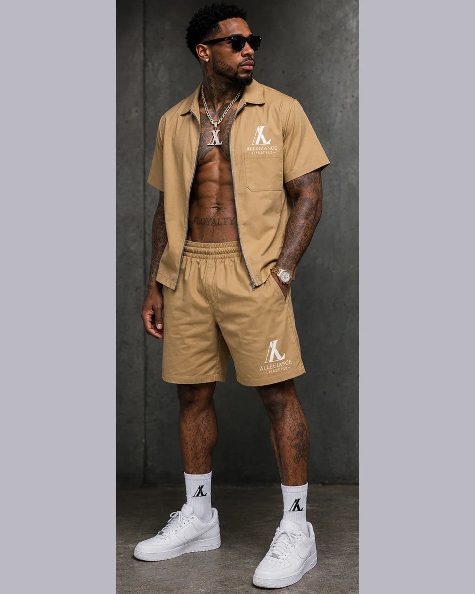 Khaki zip shirt and shorts set with white Allegiance Lifestyle print by Allegiance Lifestyle