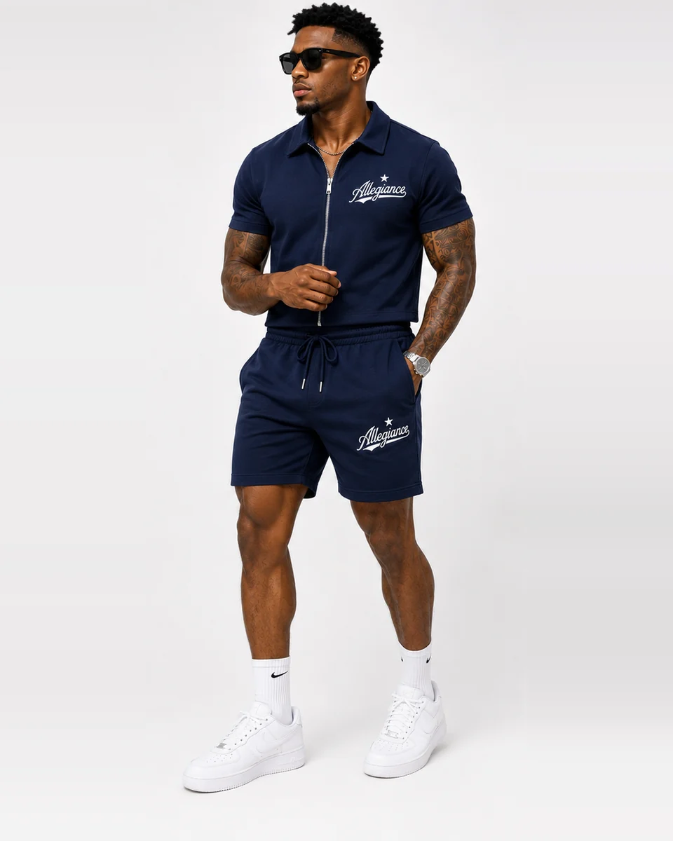 Navy short-sleeve zip top and shorts by Allegiance Lifestyle