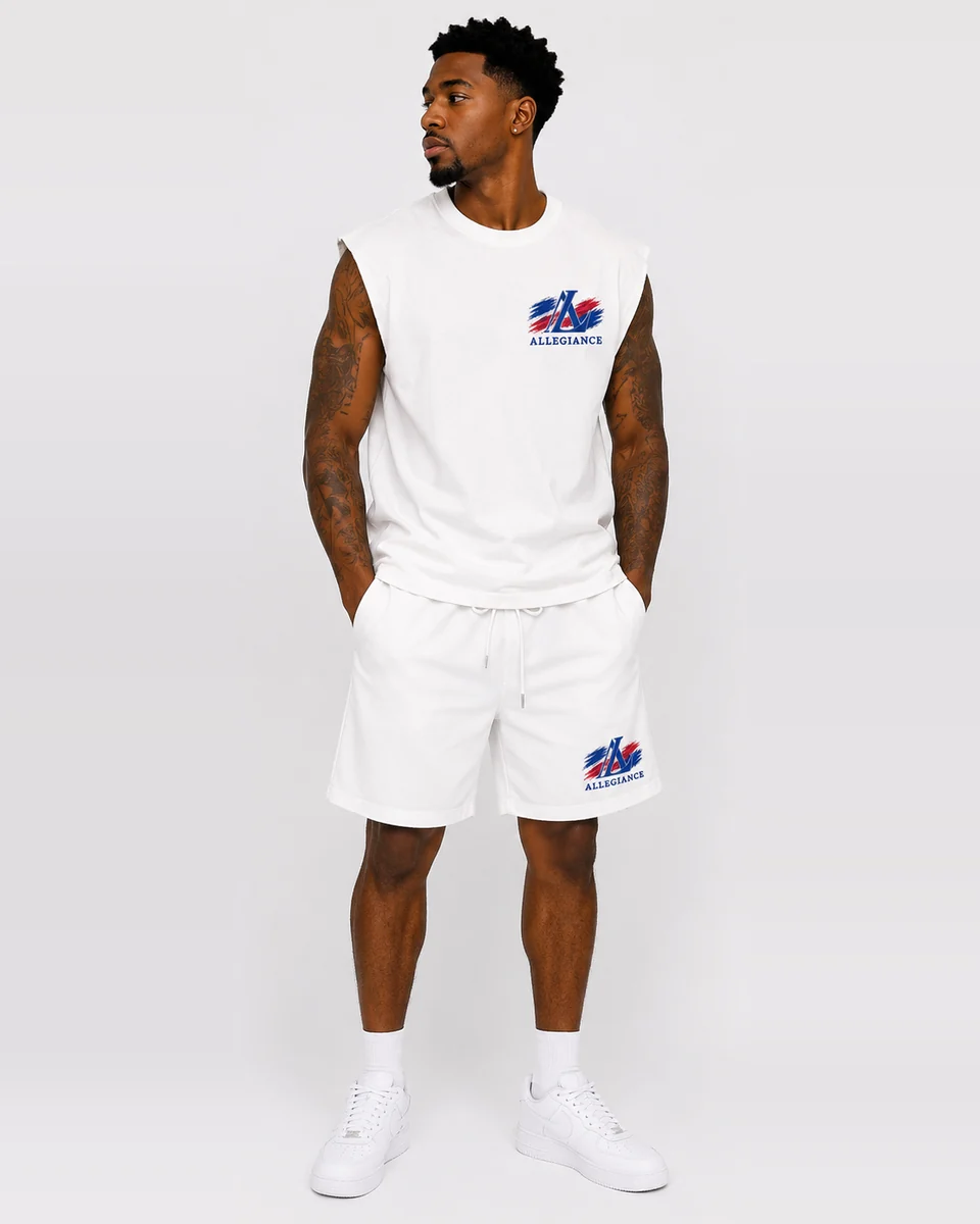 White cut-off sleeveless shirt and shorts by Allegiance Lifestyle