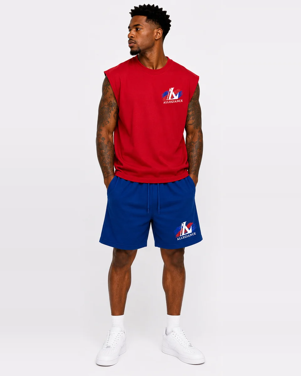 Red cut-off sleeveless shirt with royal-blue shorts by Allegiance Lifestyle