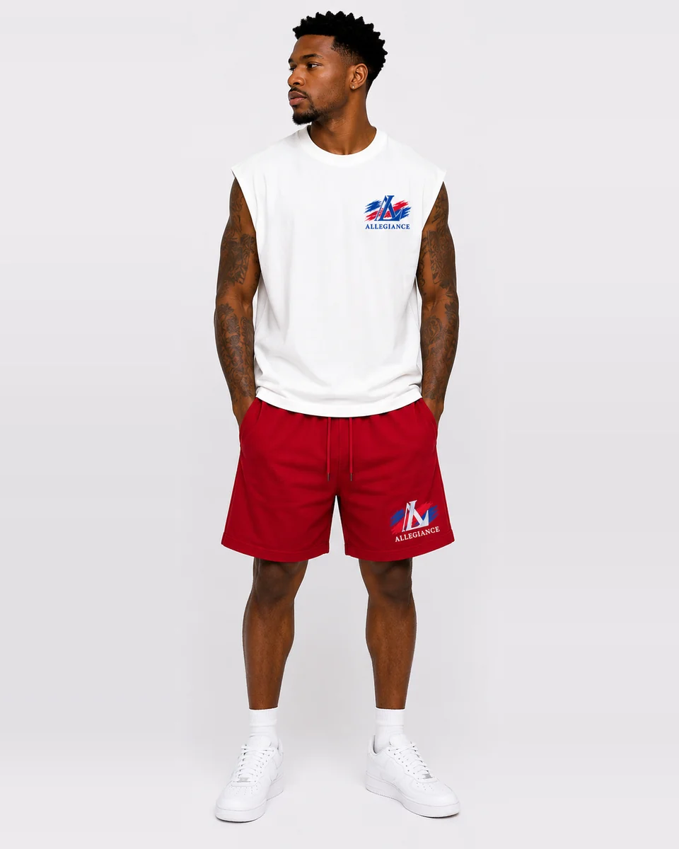 White cut-off sleeveless shirt with red shorts by Allegiance Lifestyle