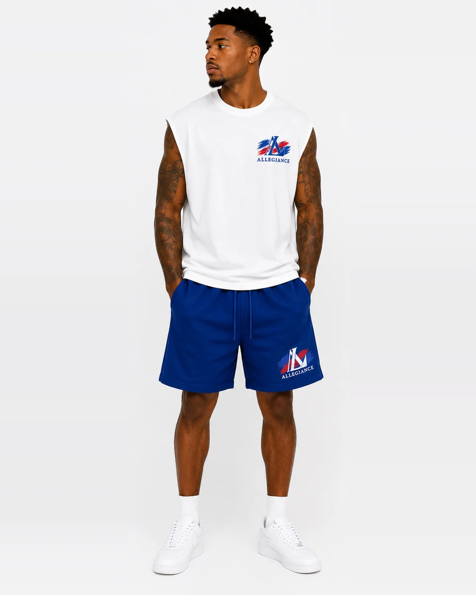 White cut-off sleeveless shirt with royal-blue shorts by Allegiance Lifestyle