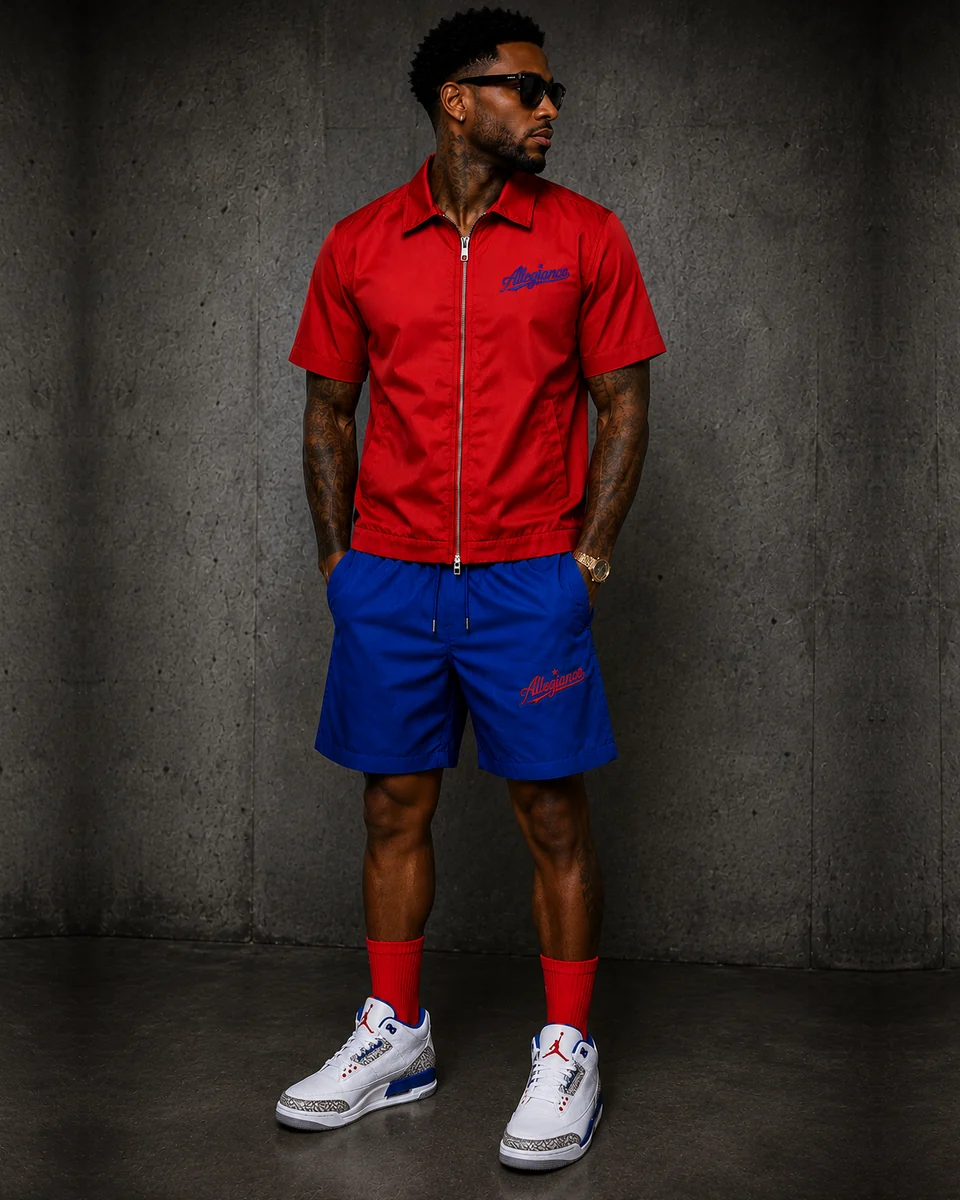 Red and blue short-sleeve full zip set by Allegiance Lifestyle