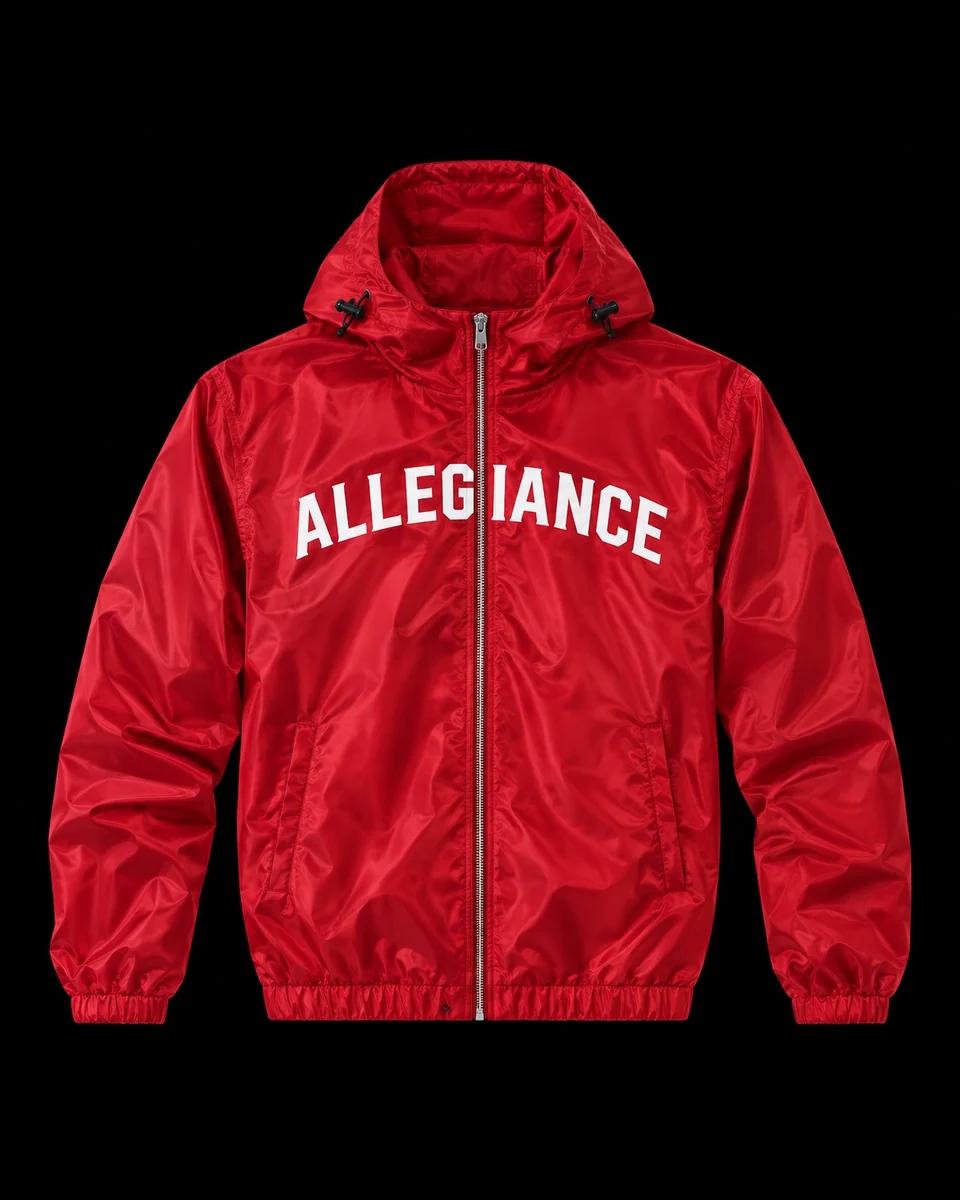 Red full-zip hooded jacket with white Allegiance lettering and matching red shorts by Allegiance Lifestyle
