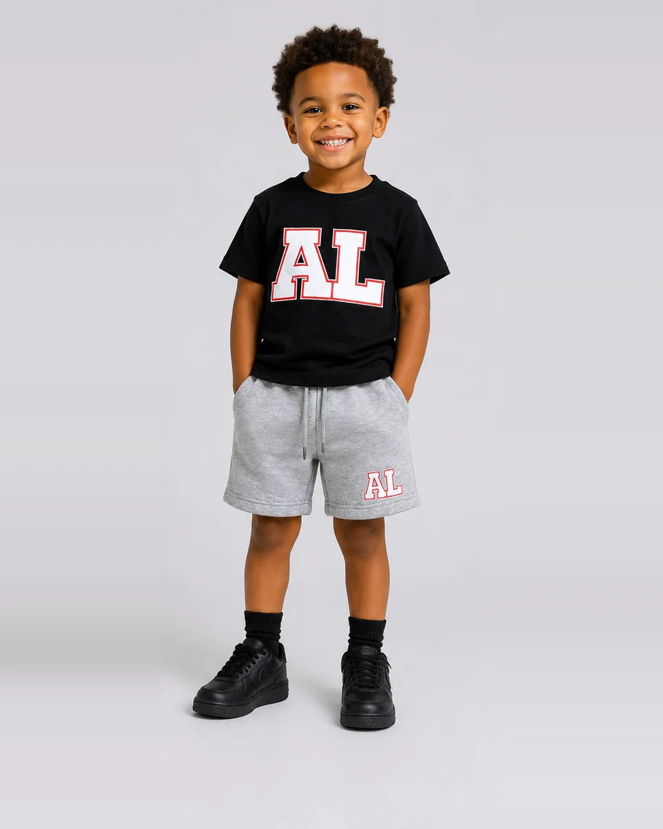 Black AL T-shirt and gray shorts set for children by Allegiance Lifestyle