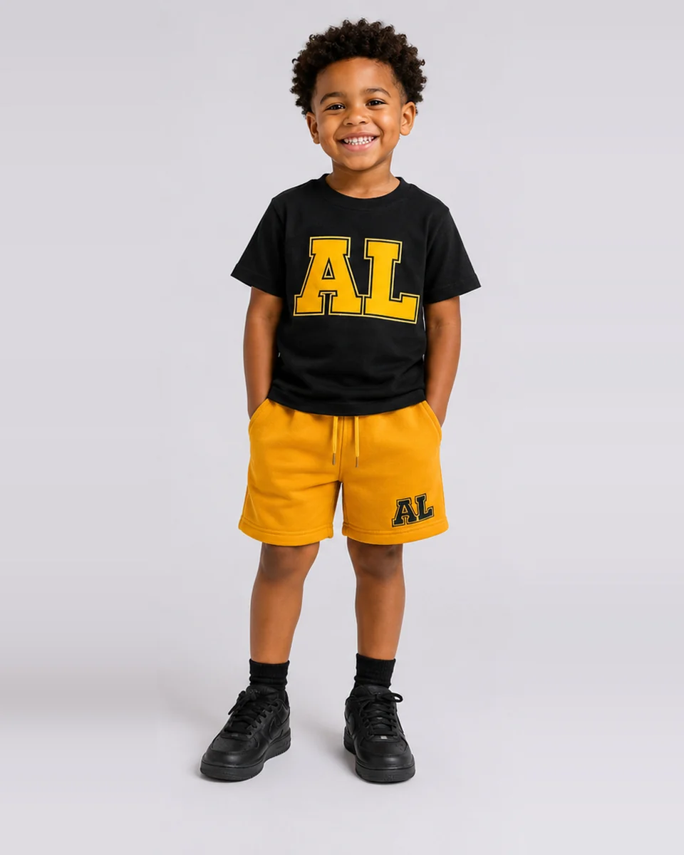 Black AL T-shirt and yellow shorts set for children by Allegiance Lifestyle