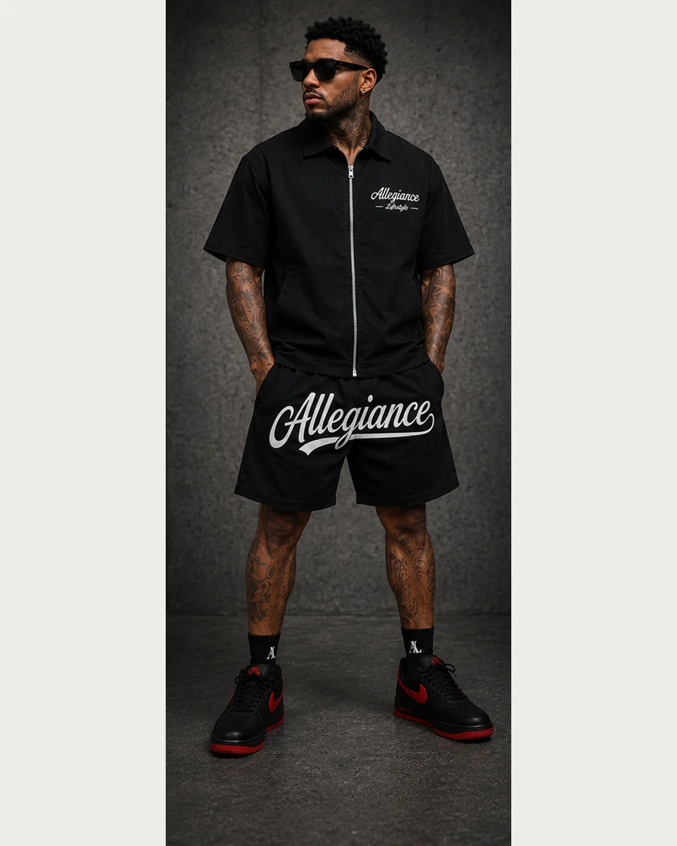 Black zip work shirt and Allegiance script shorts set by Allegiance Lifestyle
