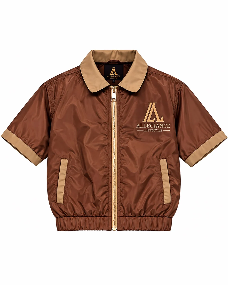 Brown short-sleeve zip top with tan collar and gold Allegiance Lifestyle script and matching brown shorts by Allegiance Lifestyle