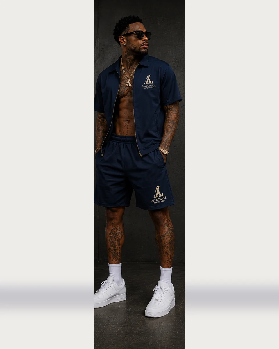 Navy zip shirt and shorts set with gold Loyalty Over Everything print by Allegiance Lifestyle