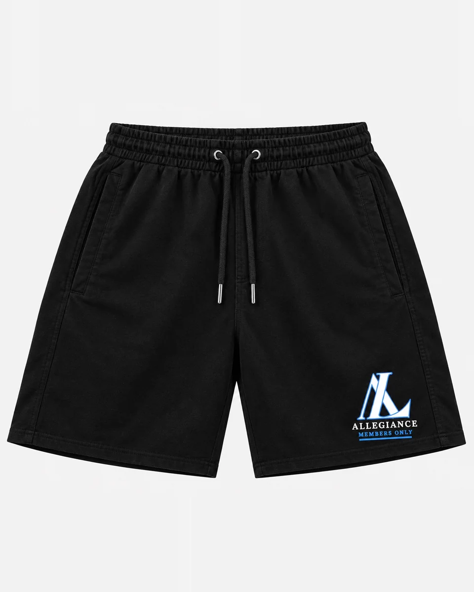Black shorts with blue and white Allegiance Members Only logo by Allegiance Lifestyle