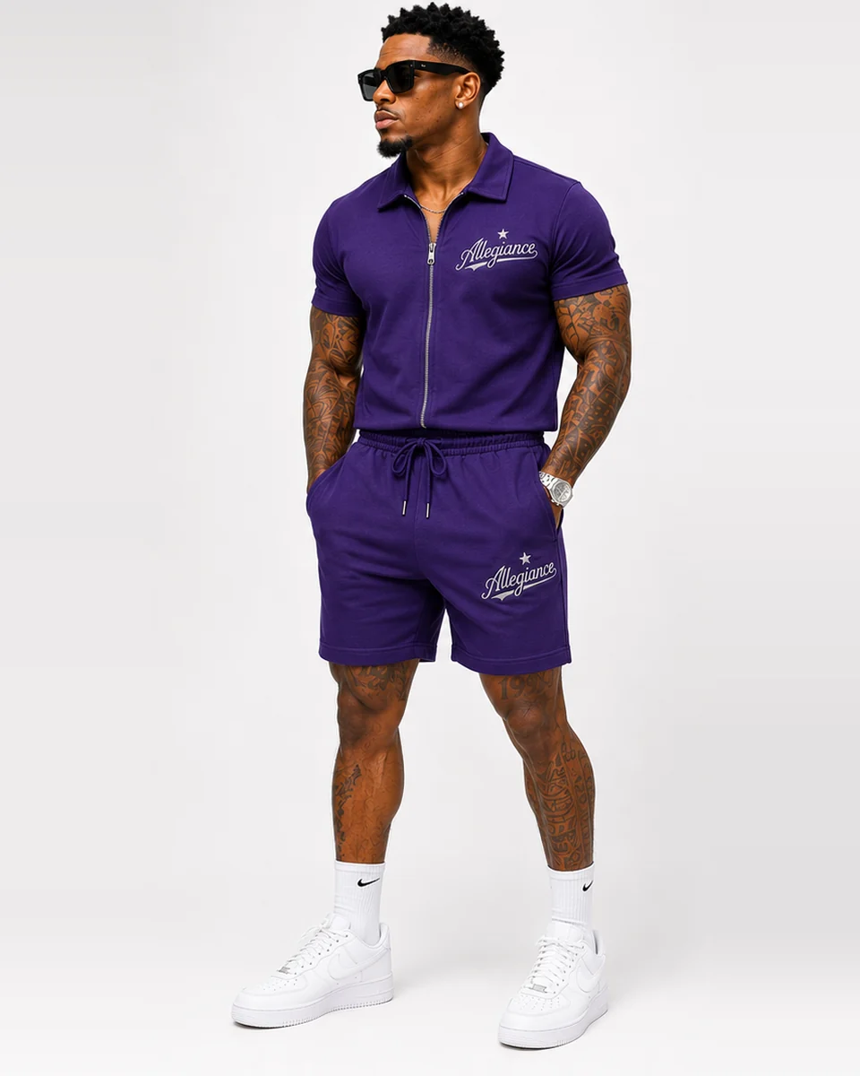 Purple short-sleeve zip top and shorts by Allegiance Lifestyle