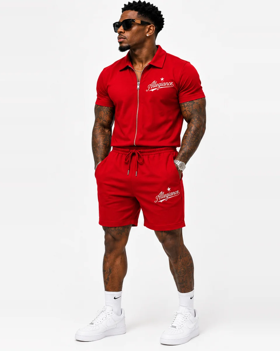 Red short-sleeve zip top and shorts by Allegiance Lifestyle