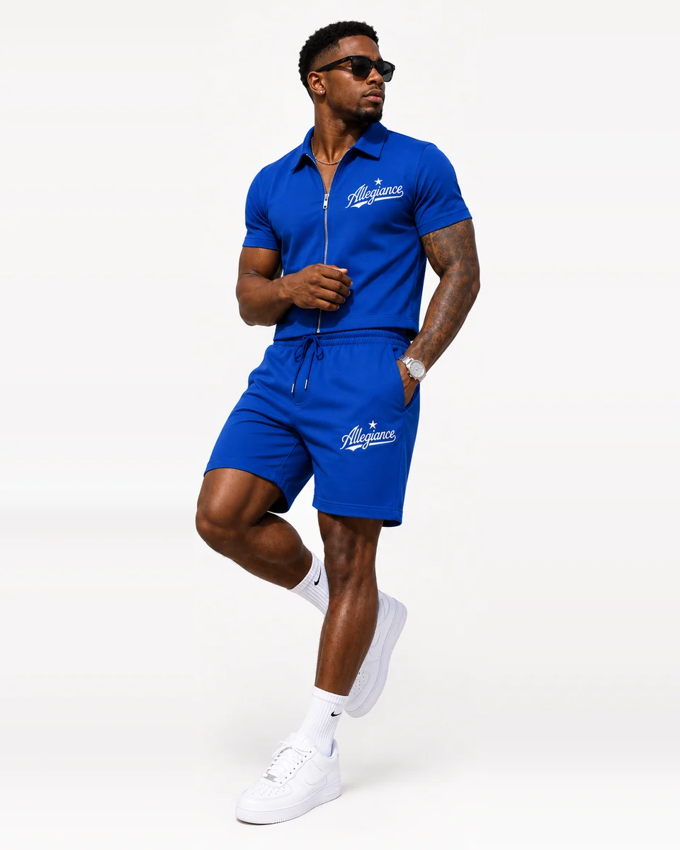 Royal blue short-sleeve zip top and shorts by Allegiance Lifestyle