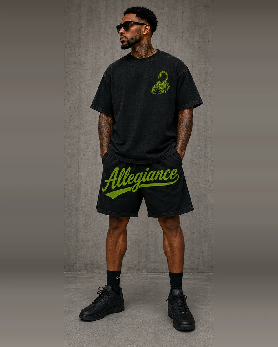 Black Scorpion T-shirt and shorts with bright-green graphics by Allegiance Lifestyle