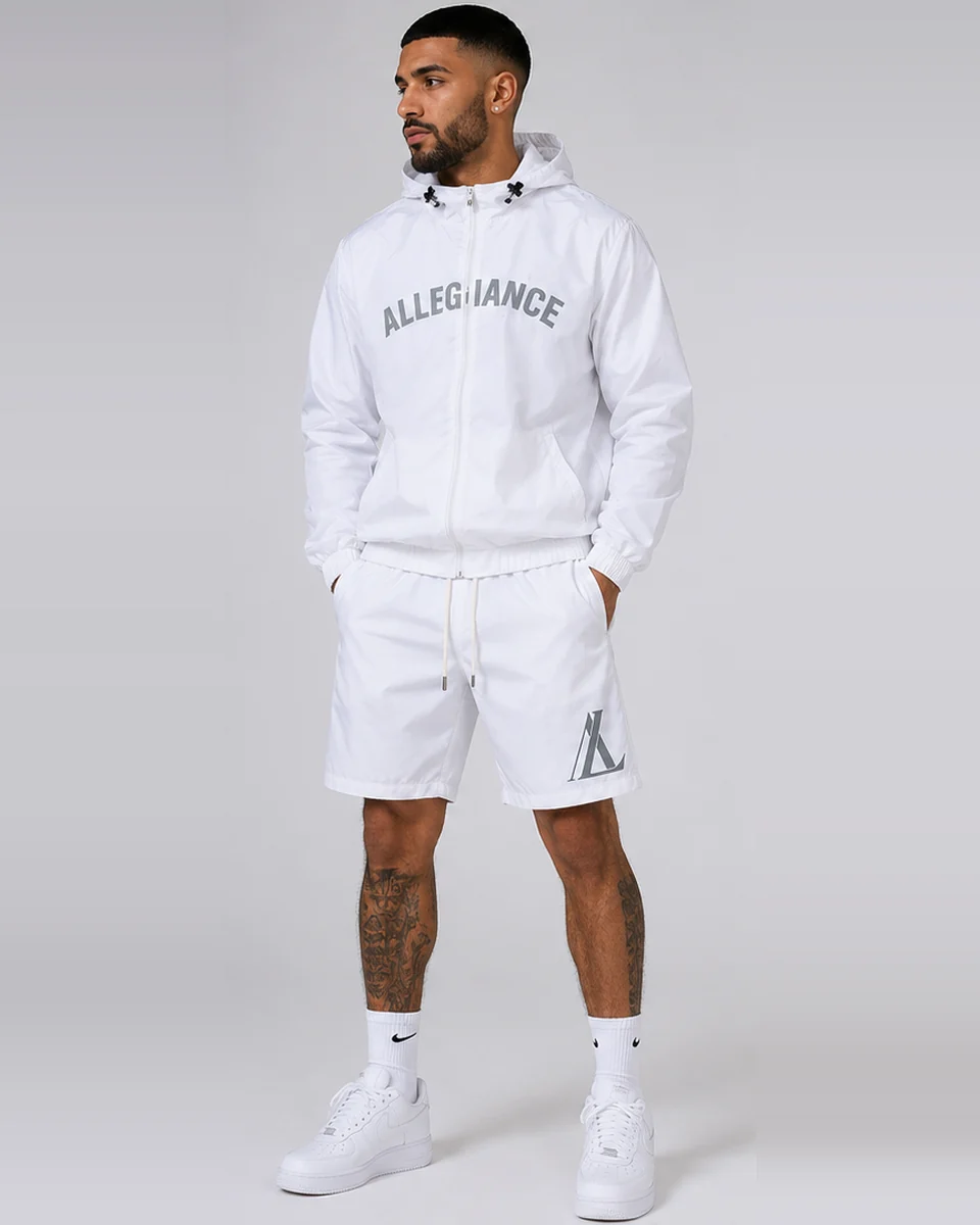 White hooded jacket and shorts set by Allegiance Lifestyle