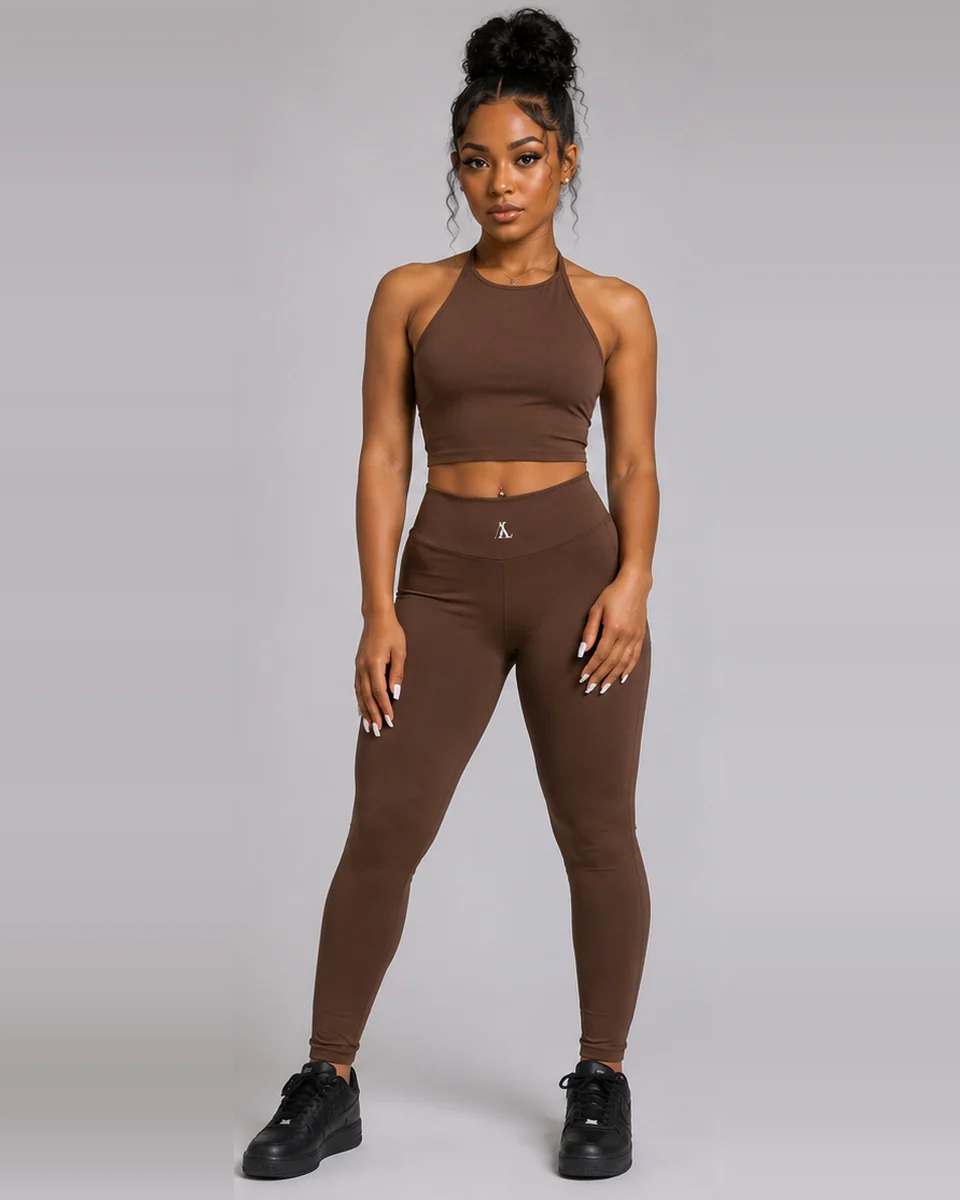 Brown crop top and ruched leggings set by Allegiance Lifestyle