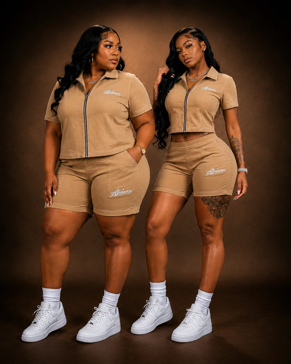 Two women wearing the Allegiance khaki zip top and shorts set